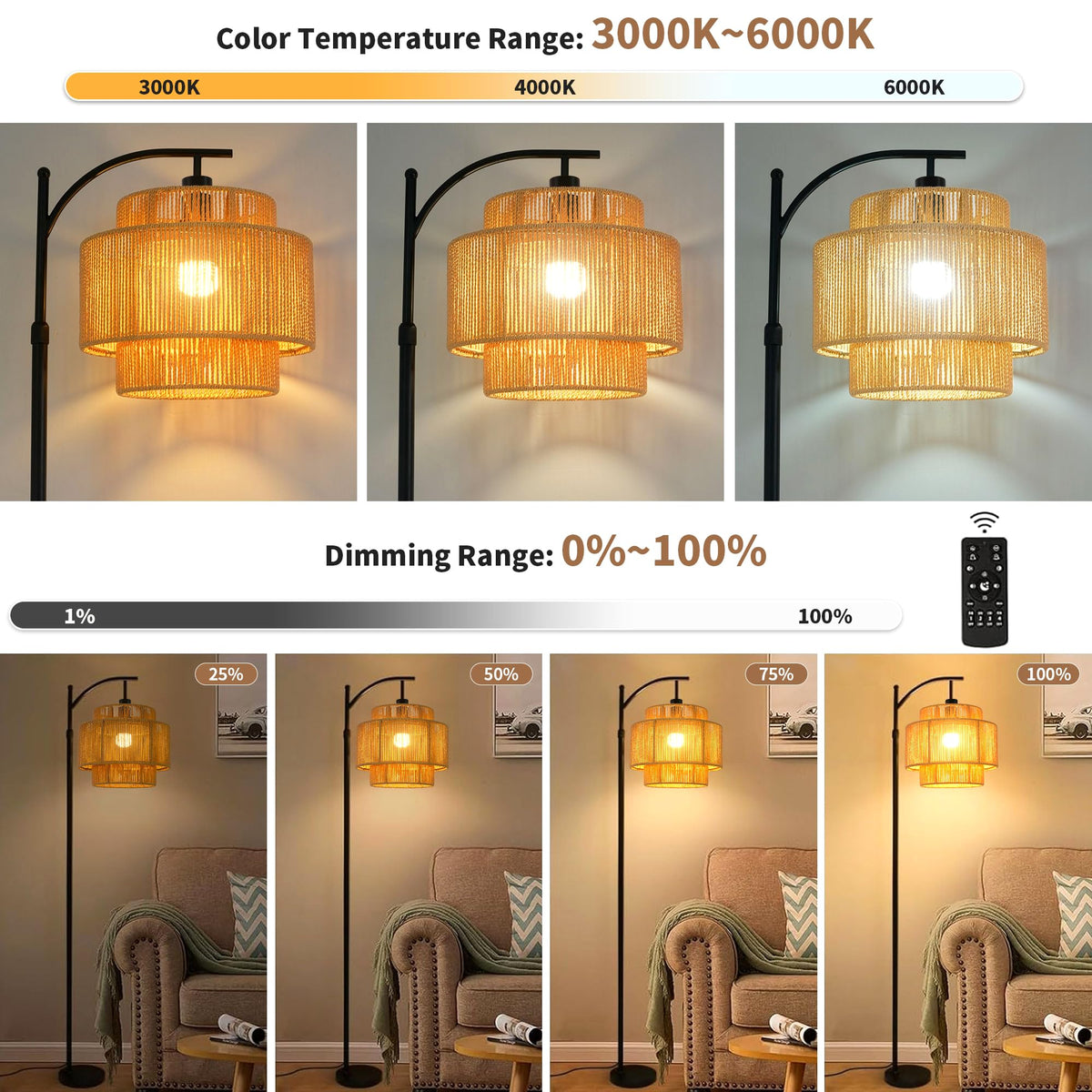 Rattan Floor Lamp Bedroom Boho Arc Standing Lamp with Remote Dimmable Black Farmhouse Wicker Bamboo Lamp Shade Floor