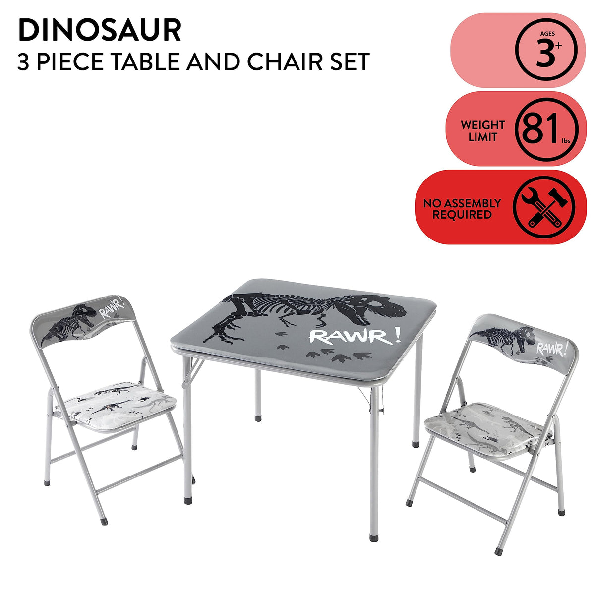 Dinosaur 3 Piece Table and Chair Set, Grey