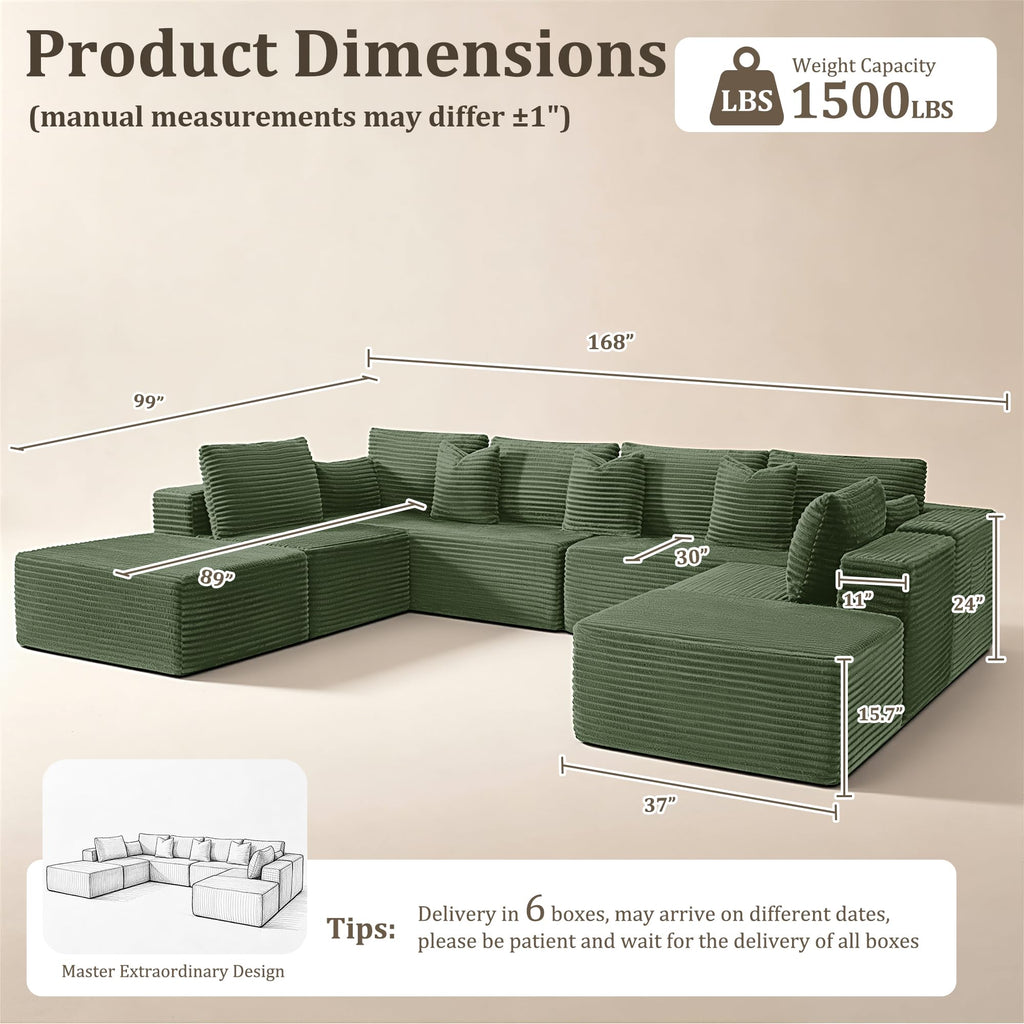 138" Oversized Boneless Couch, Modular Sectional Couches U Shaped Cloud Couch with Deep Seat No Assembly Required