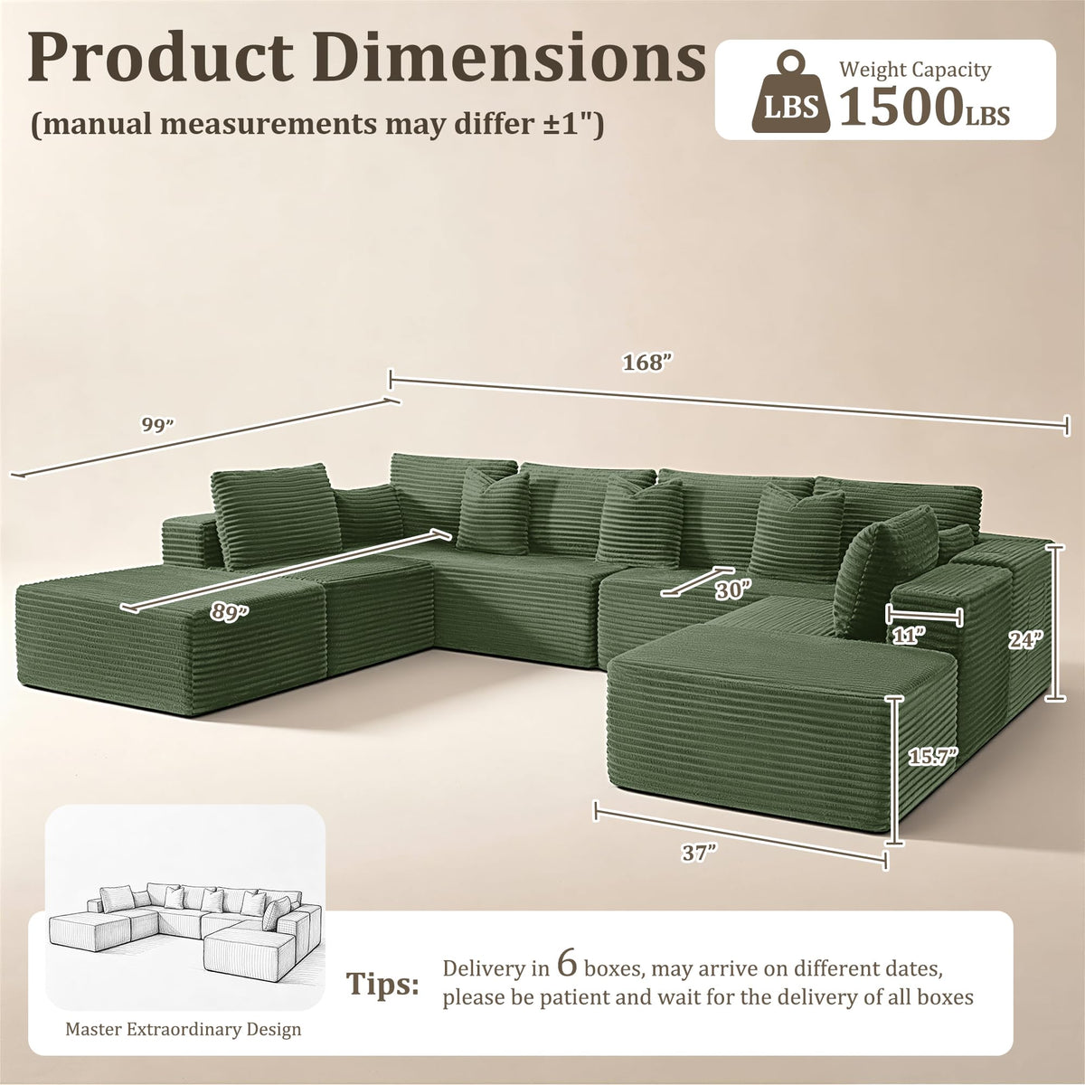 138" Oversized Boneless Couch, Modular Sectional Couches U Shaped Cloud Couch with Deep Seat No Assembly Required