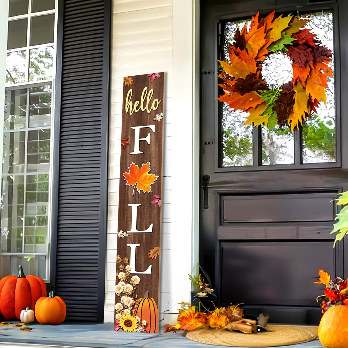 Hello Fall Porch Sign, Maple Sign for Front Porch, Dahlia Sunflower Wooden Sign Yard, Vertical Wood Sign Standing