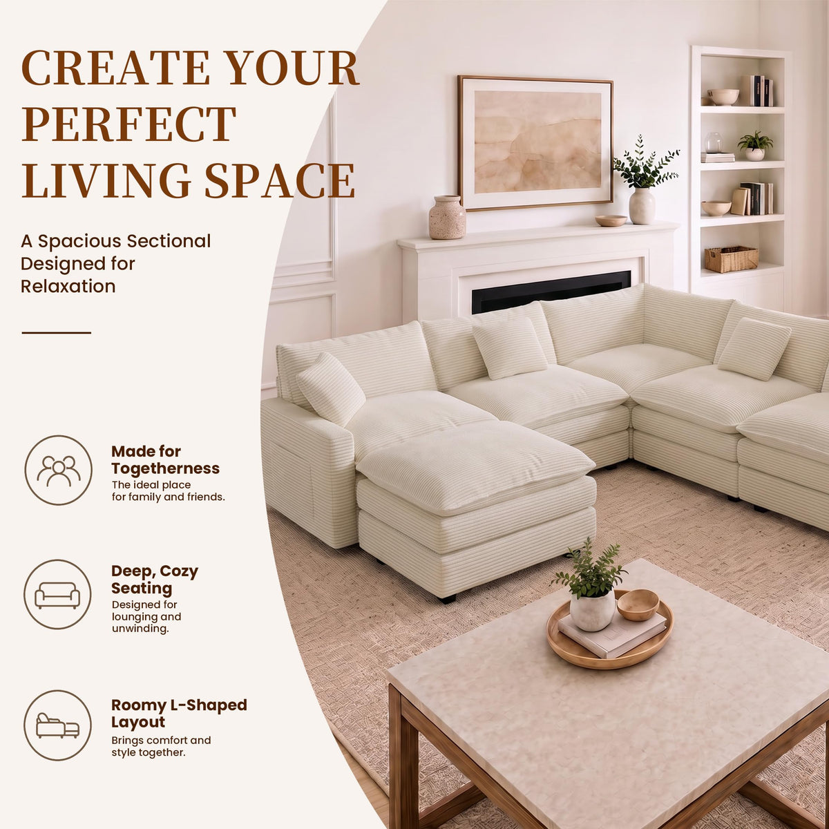 100" Modular Sectional Sofa, L-Shaped Cloud Couch with Ottoman, Beige