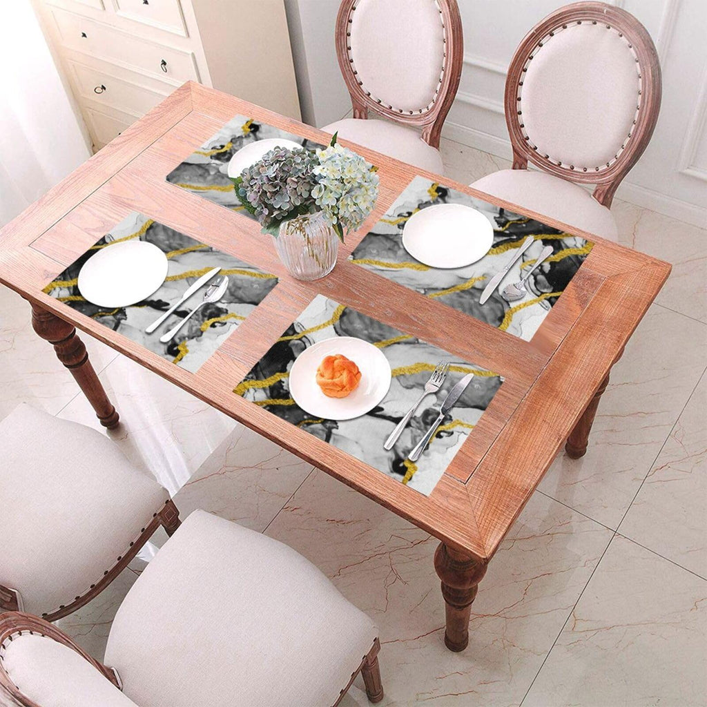 Black White and Gold Marble Linen Placemats Set of 4, Modern Luxury Washable Non-Slip Heat-Resistant Durable Kitchen