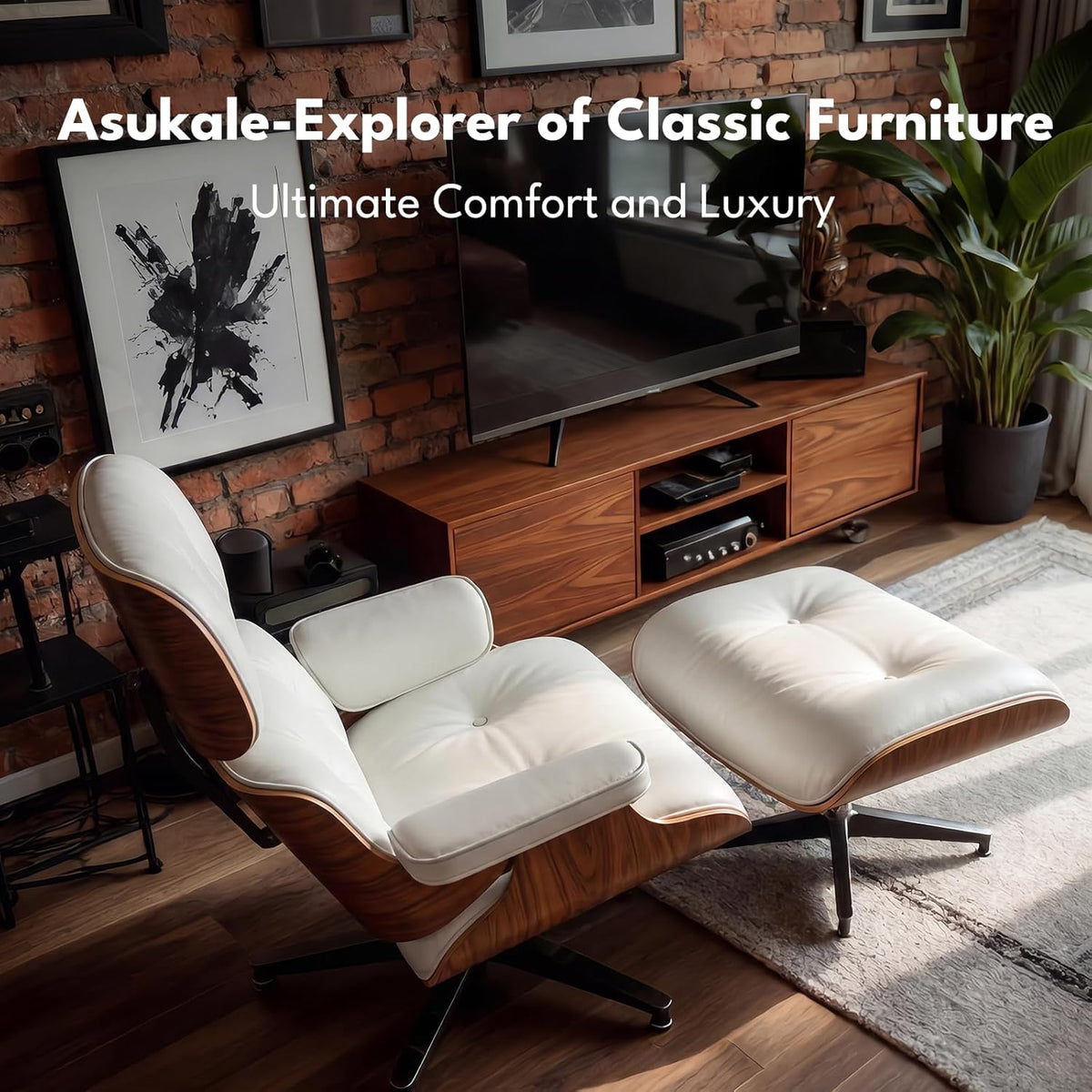 Modern Reading Chair and Ottoman — White Leather