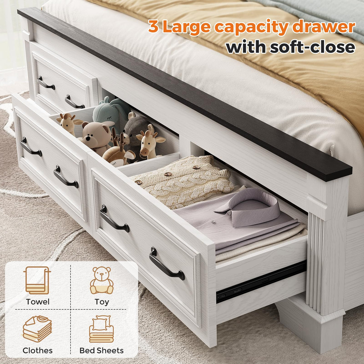 Farmhouse Bed Frame 51" Headboard Storage Drawers Roman Footboard