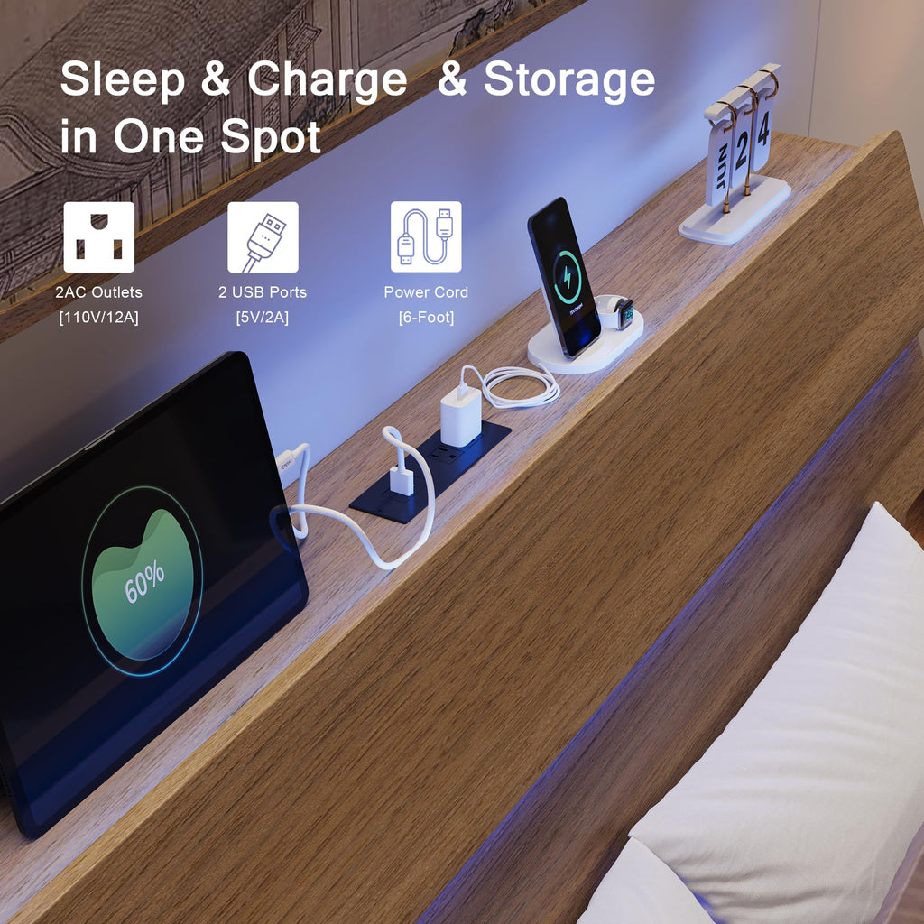 Bed Frame Queen Size with Charging Station, Led Bed Frame with Wood Storage Headboard, Heavy Duty Metal Slats, No Box