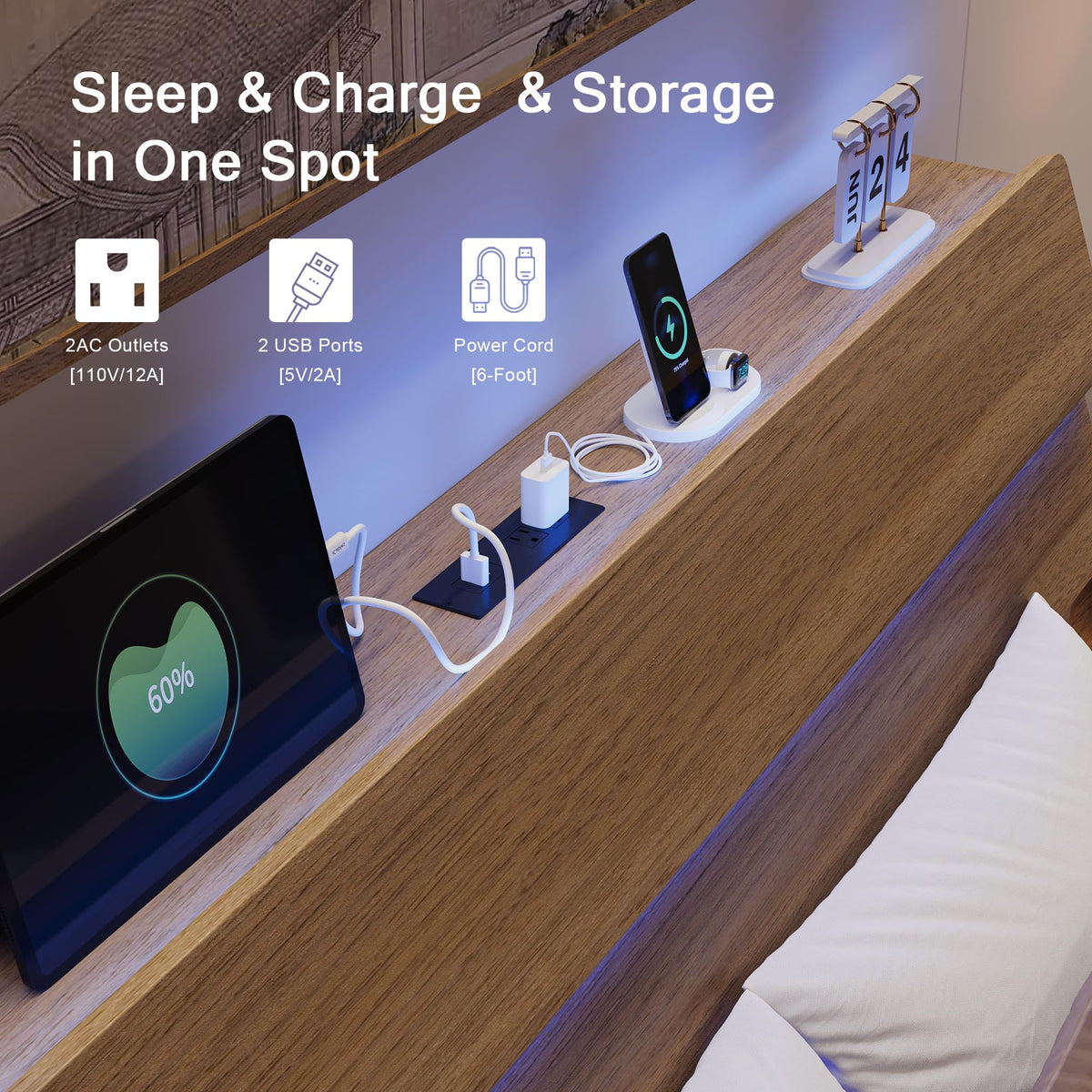 Bed Frame Queen Size with Charging Station, Led Bed Frame with Wood Storage Headboard, Heavy Duty Metal Slats, No Box
