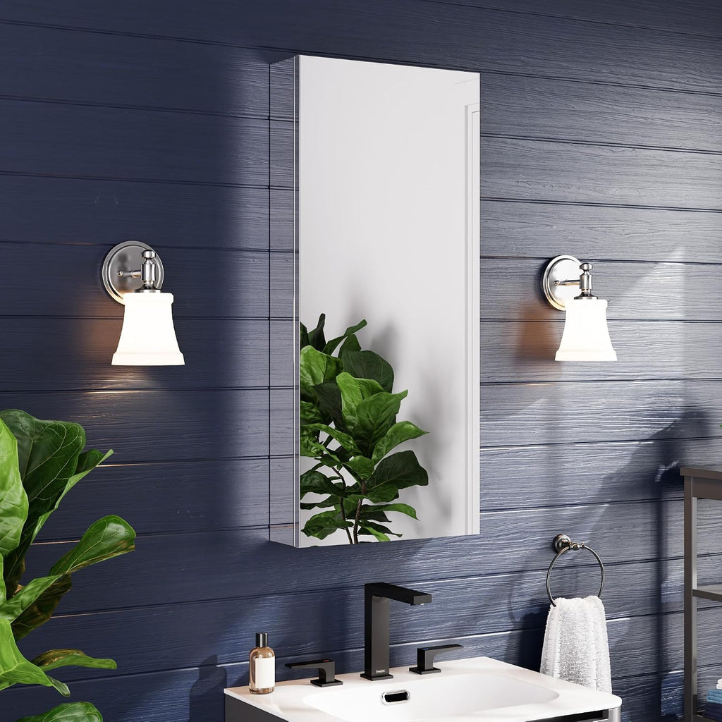 16" x 36" Medicine Cabinet with Mirror, Bathroom Mirror Cabinet | Anodized Chrome Aluminum Frame, Adjustable Shelves