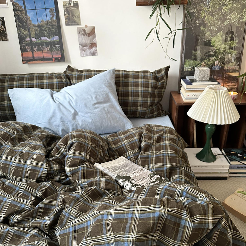 Vintage Buffalo Plaid Duvet Cover Set - 3 Piece Washed Cotton Bedding Set with Grid Pattern, Soft &
