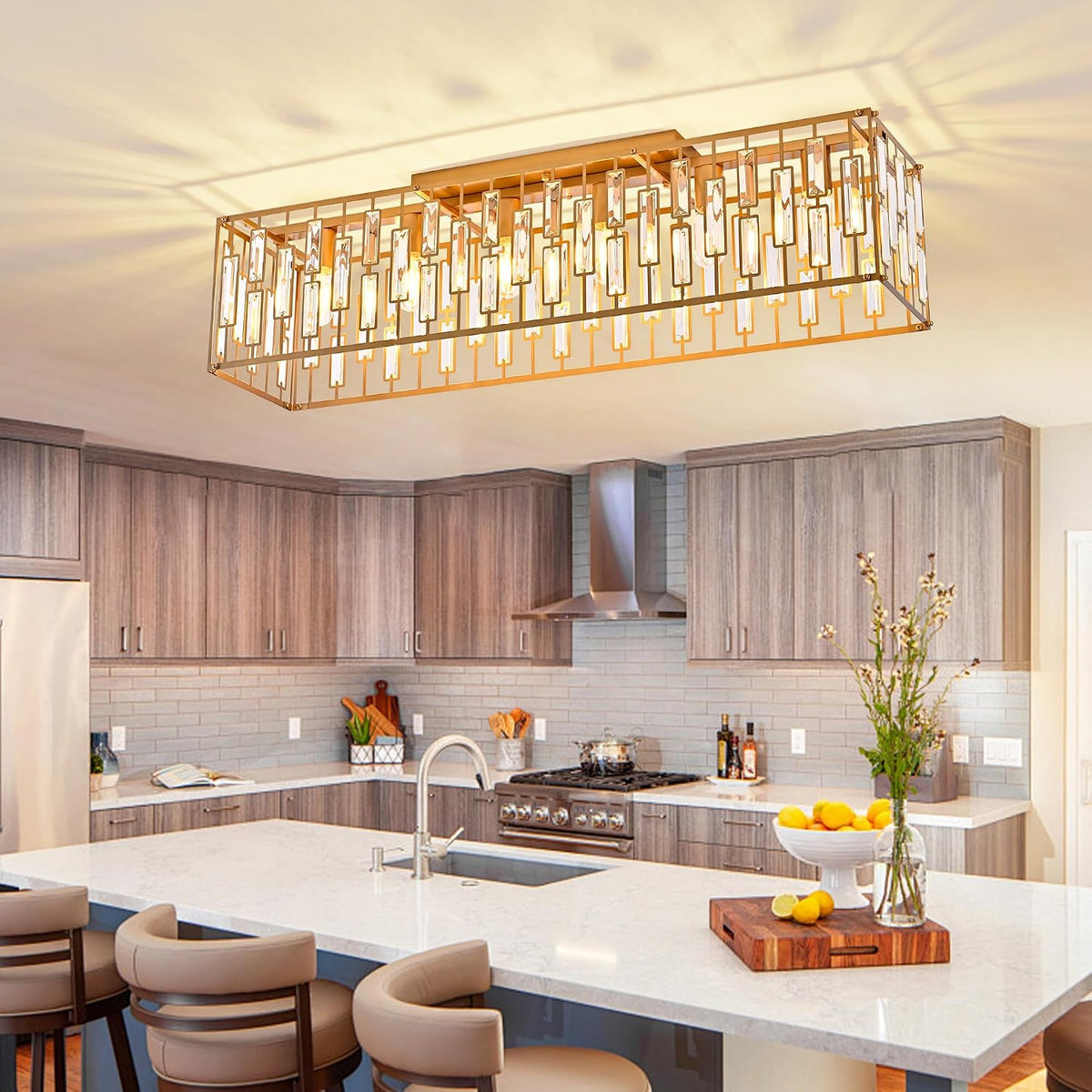 38.7-Inch Gold Crystal Chandelier for Living Rooms, Wide Low-Profile Fixture