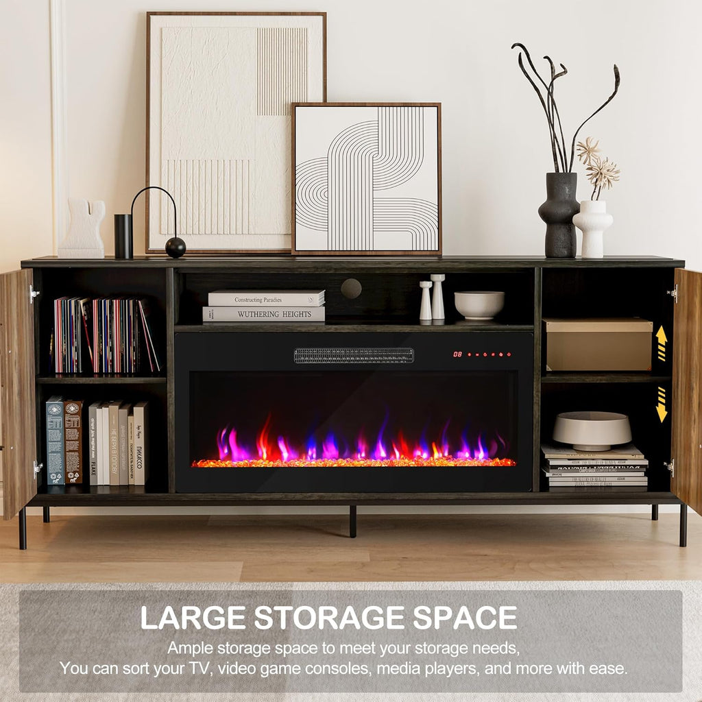 68 Inch Fireplace TV Stand for TVs up to 75 Inches, Entertainment Center with 36 Inch Electric Fireplace Heater and Storage Cabinets, Black Ebony