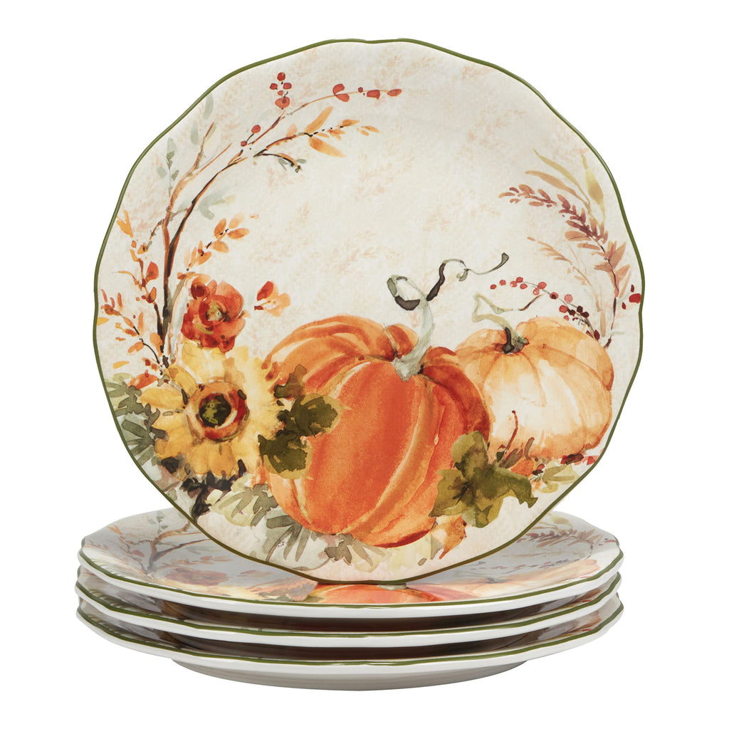 Harvest Morning 16-Piece Ceramic Dinnerware Set, Service for 4 - Celebrate autumn with vibrant pumpkins and florals