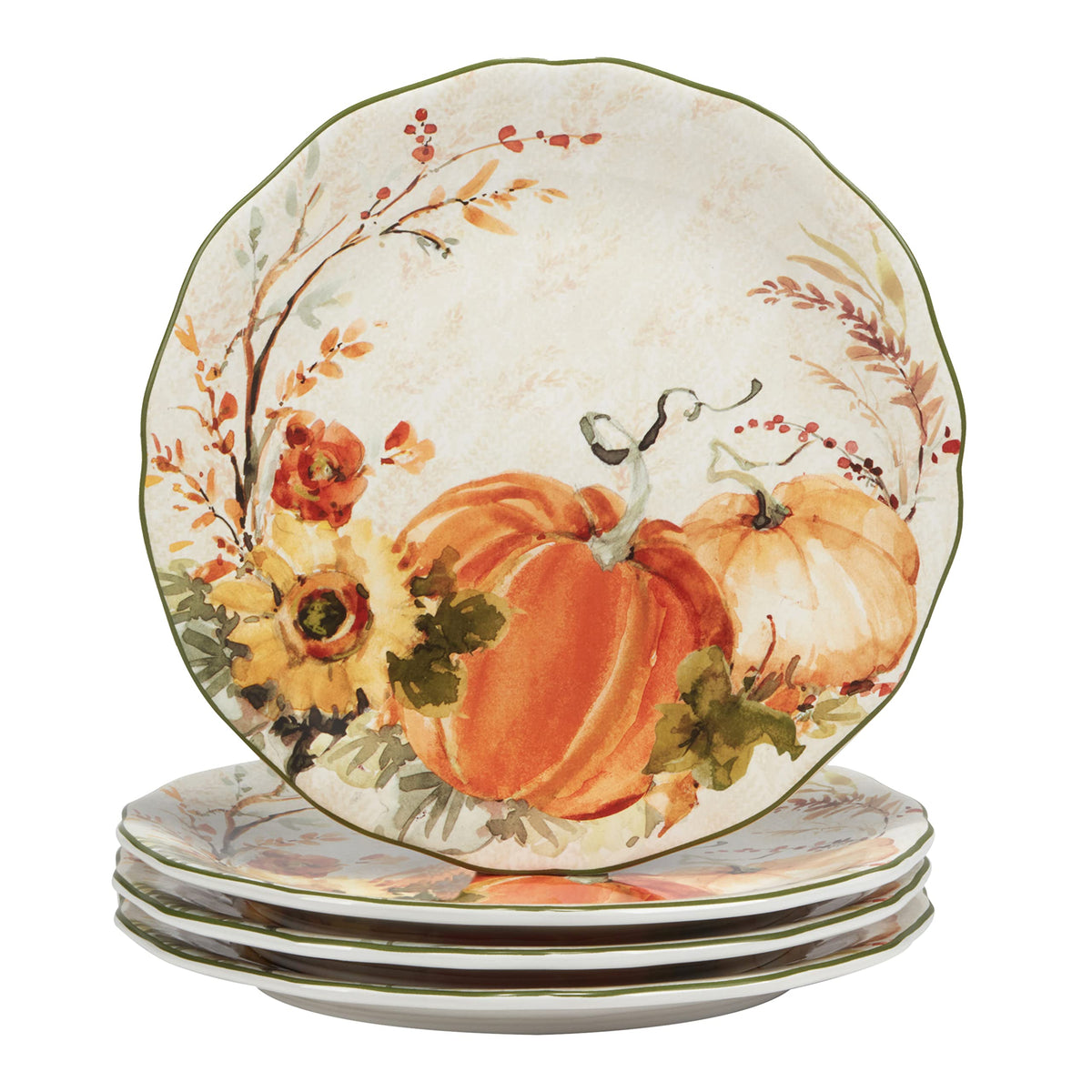 Harvest Morning 16-Piece Ceramic Dinnerware Set, Service for 4 - Celebrate autumn with vibrant pumpkins and florals
