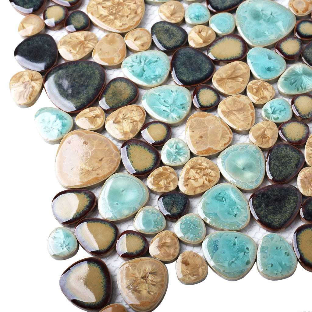 Pebble Porcelain Tile Fambe Turquoise Green Beige Shower Floor Pool Alley Tiles Mosaic TSTGPT005 (5 Square Feet)