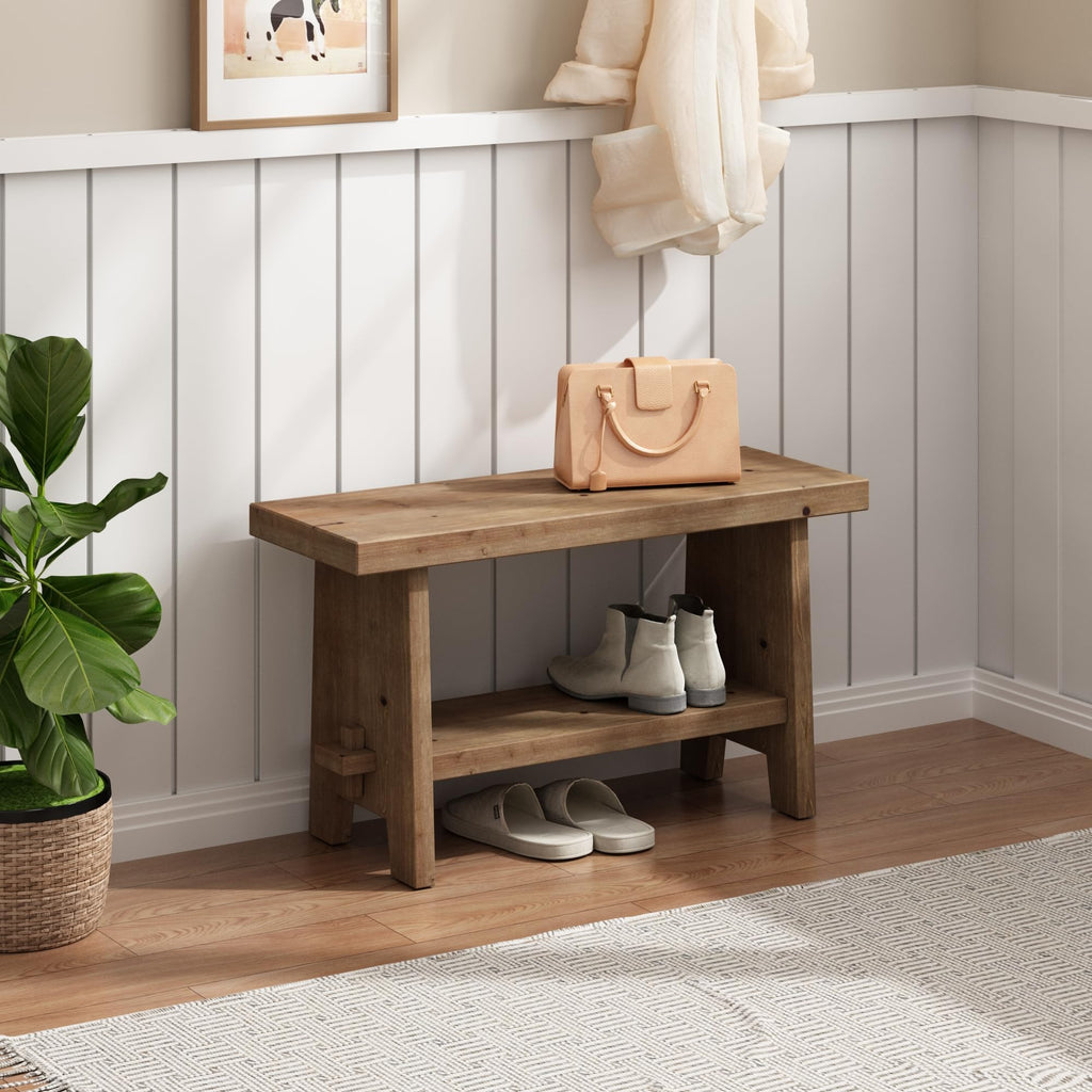 Wood Entryway Bench - 31.5" Farmhouse Small Storage Bench, Indoor