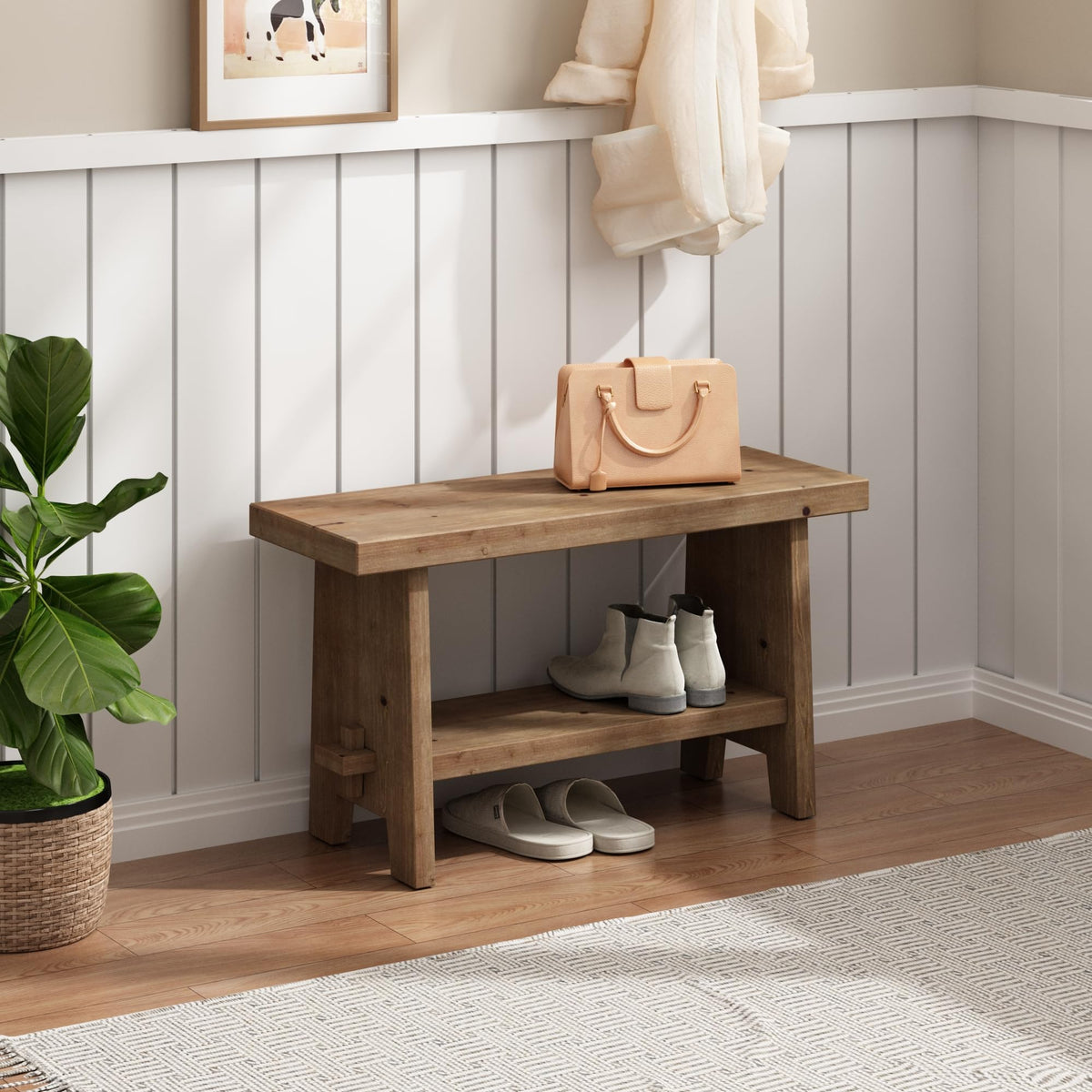 Wood Entryway Bench - 31.5" Farmhouse Small Storage Bench, Indoor