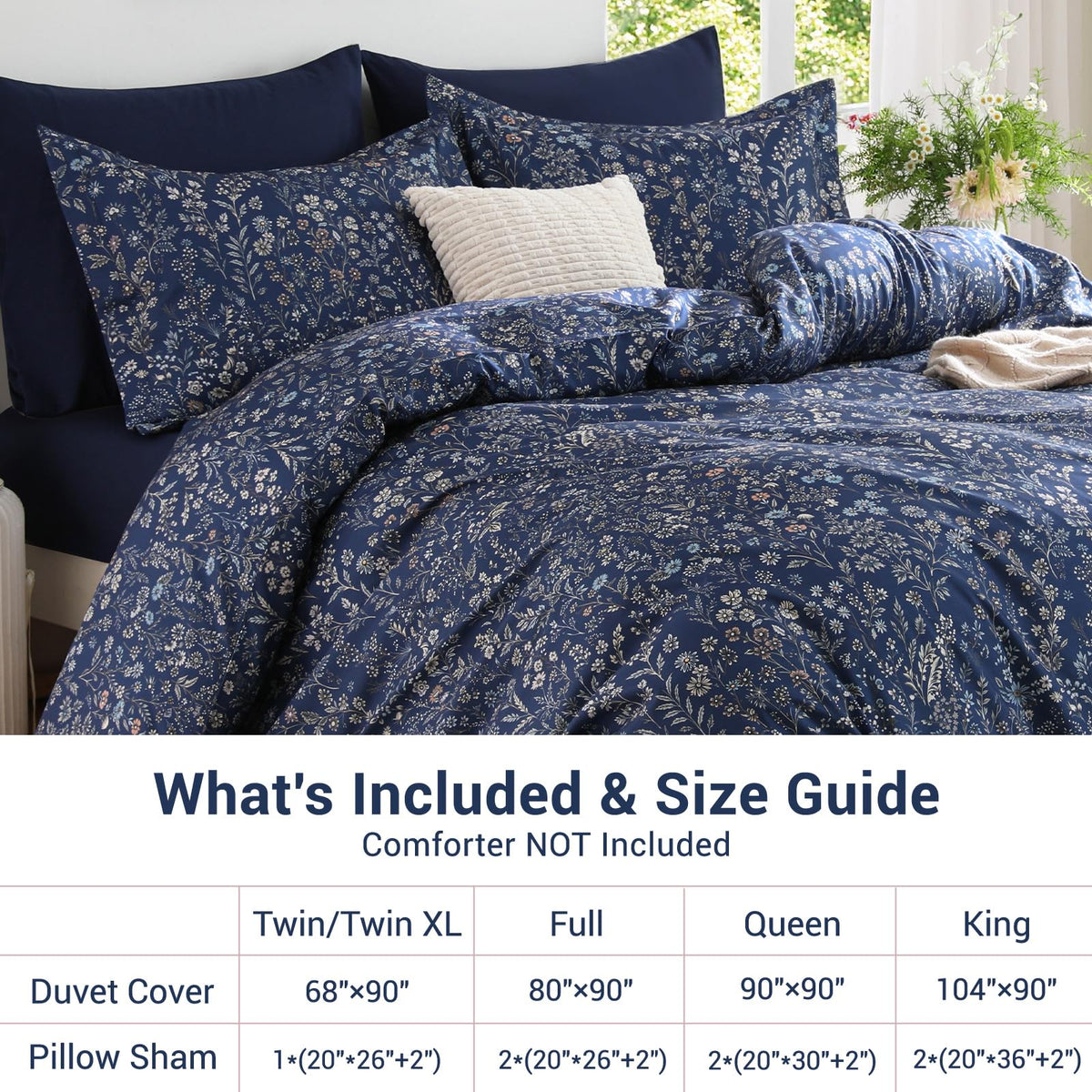 Duvet Cover, 3-Piece Floral Navy Blue Bedding Set