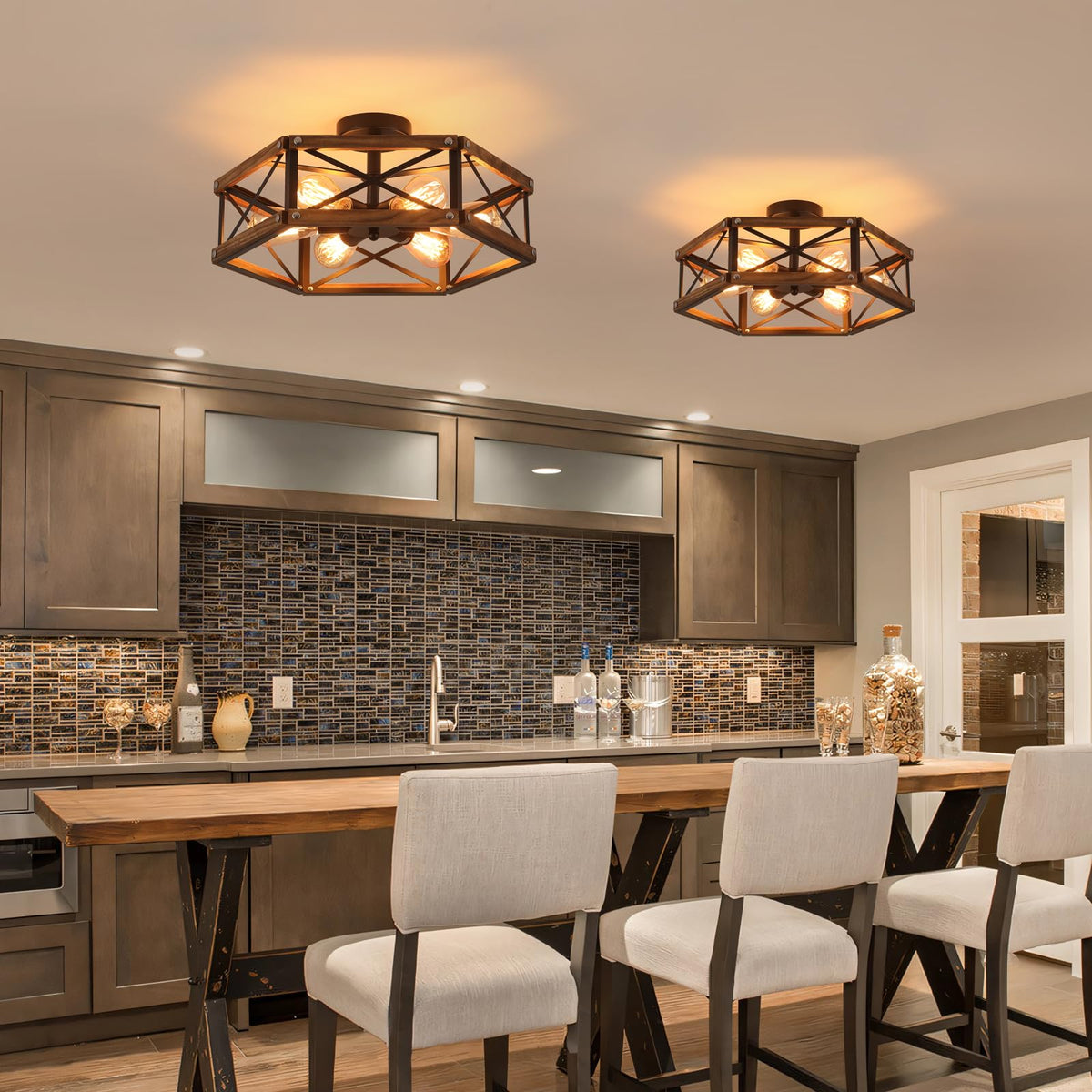 6-Light Large Rustic Farmhouse Wood Flush Mount Ceiling Light Fixture 20 inch Oak Wood and Metal Cage Semi Flush