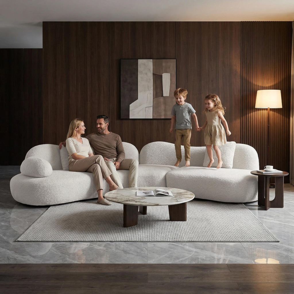 Curved Sectional Sofa, 5 Seater, Solid Wood Frame, Boucle, Modern, White