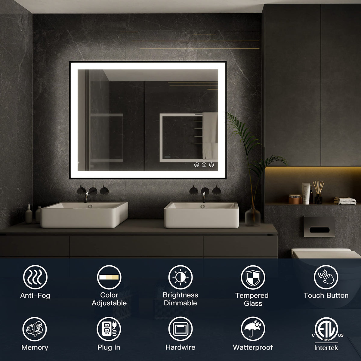 32x24 Framed LED Bathroom Mirror, Dimmable Front & Backlit, Anti-Fog