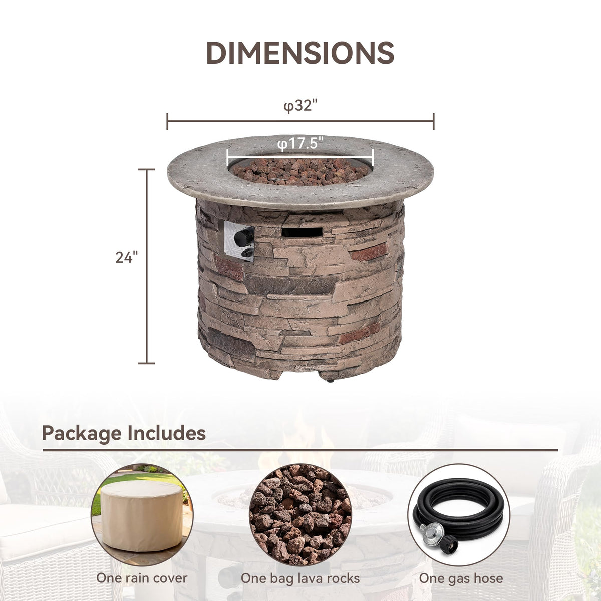 Outdoor Concrete Fire Pit Table w Imitation Stone Surface 32-inch Round Fire Table, Certified, 40, 000 BTU Stainless