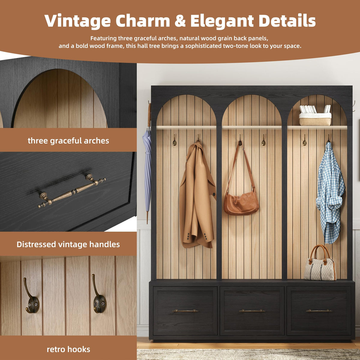 Farmhouse Wood Hall Tree with 8 Hooks and Storage Shoe Bench, Arched Mudroom Versatile Coat Racks with 3 Drawers