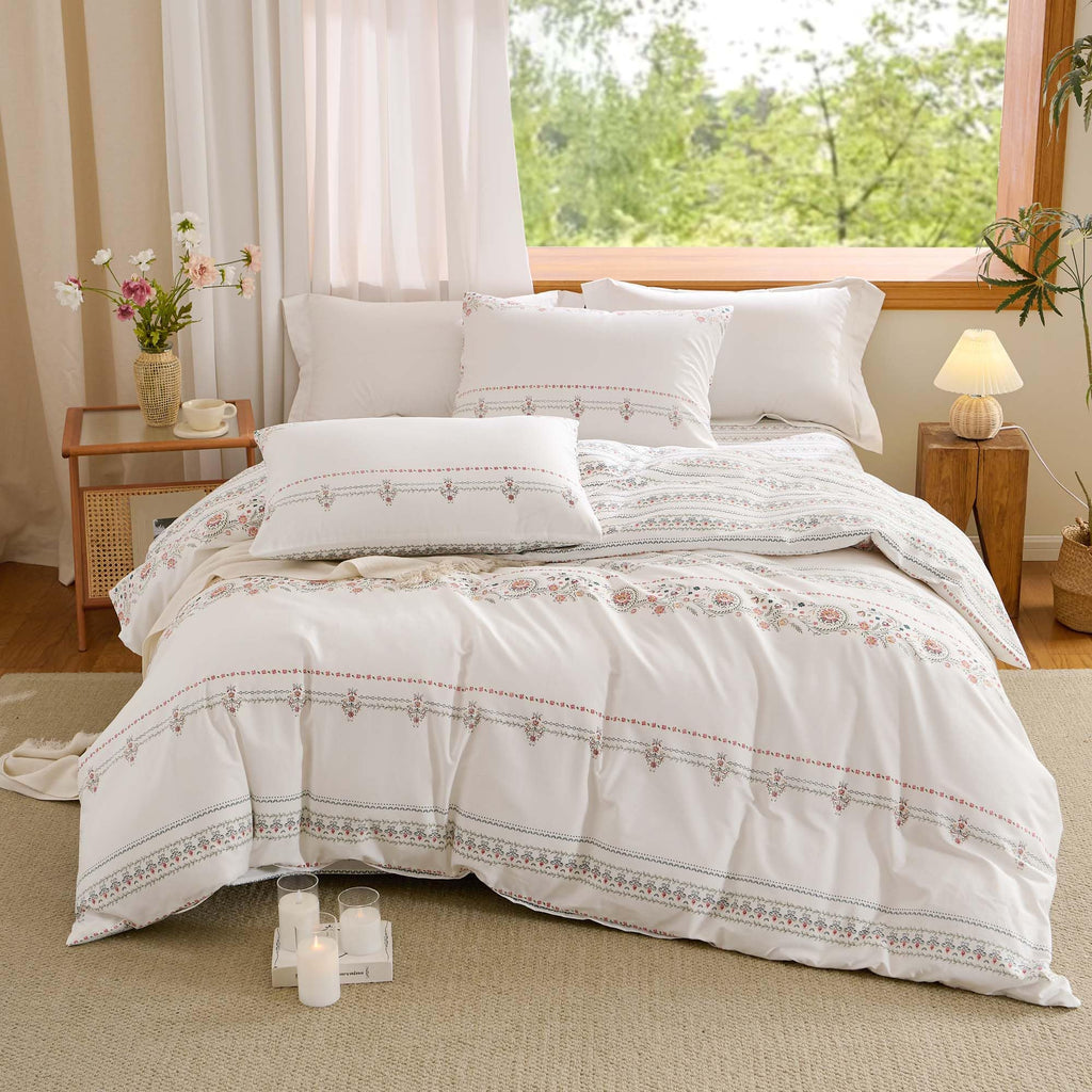 White Boho Duvet Cover Queen Reversible Floral Striped Bedding
