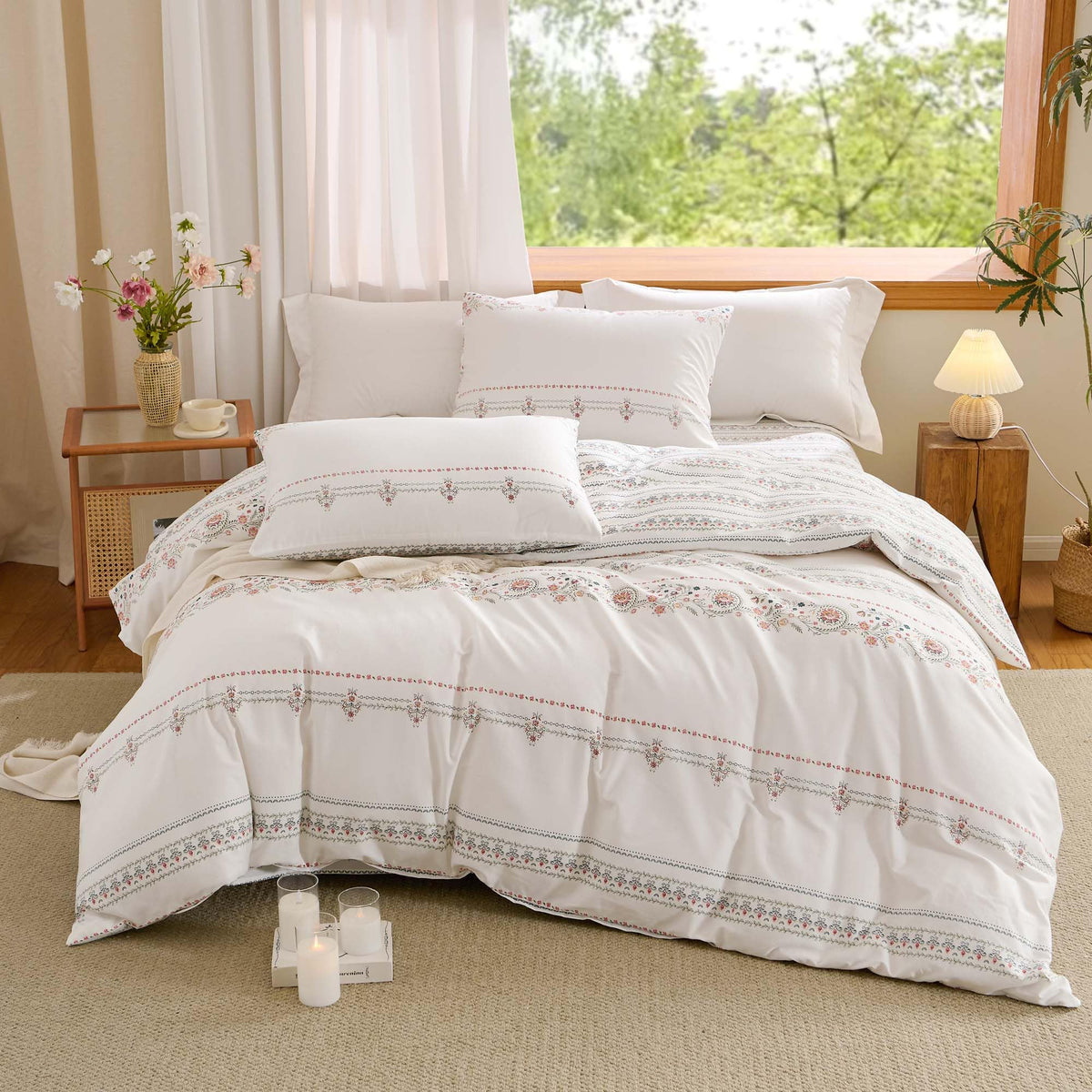 White Boho Duvet Cover Queen Reversible Floral Striped Bedding