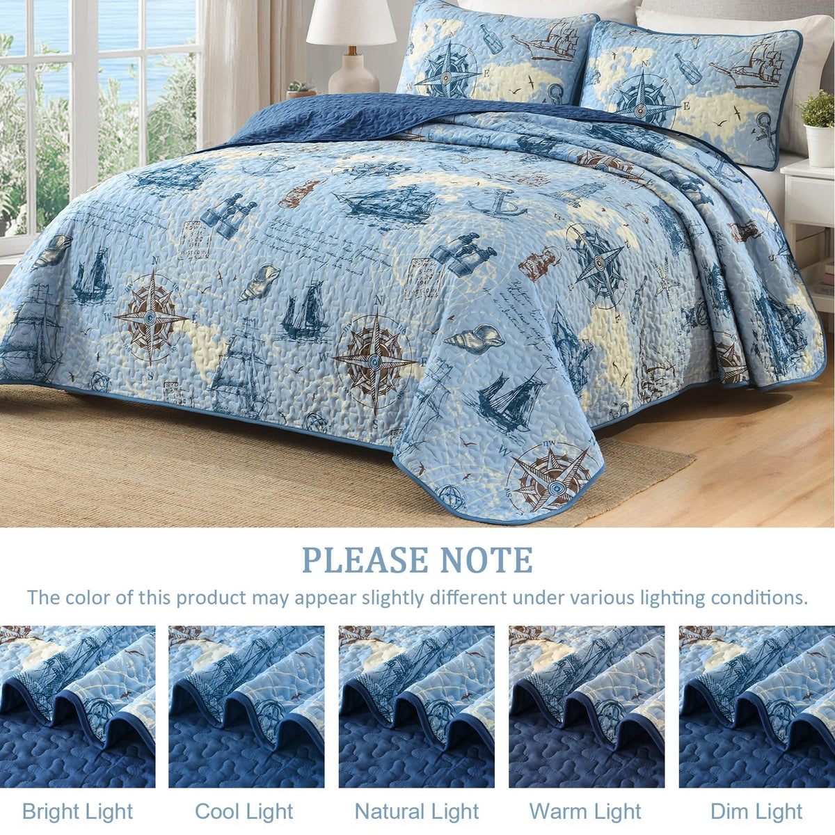 Ocean Coastal Quilt, 3 Pcs Beach Theme Bedspread Bedding Set