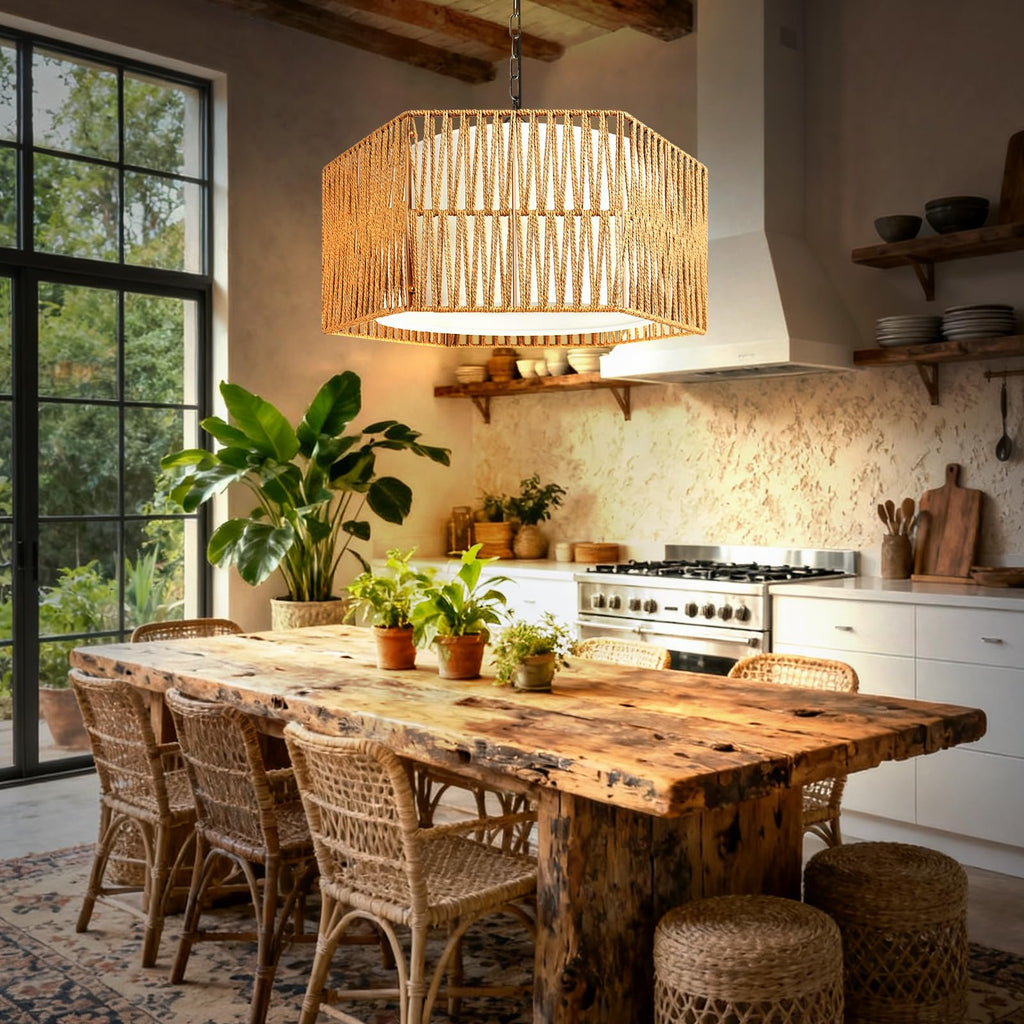 5-Lights Boho Rattan Chandelier 19" Farmhouse Chandelier