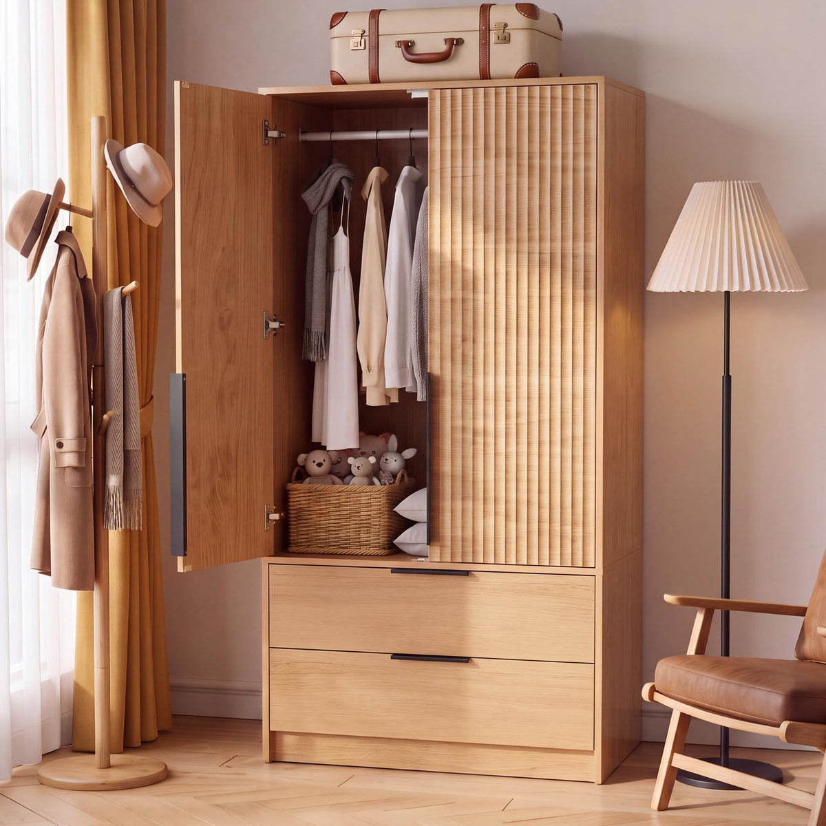 62.6"H Armoire Wardrobe Closet with 2 Fluted Door & Drawer, Natural