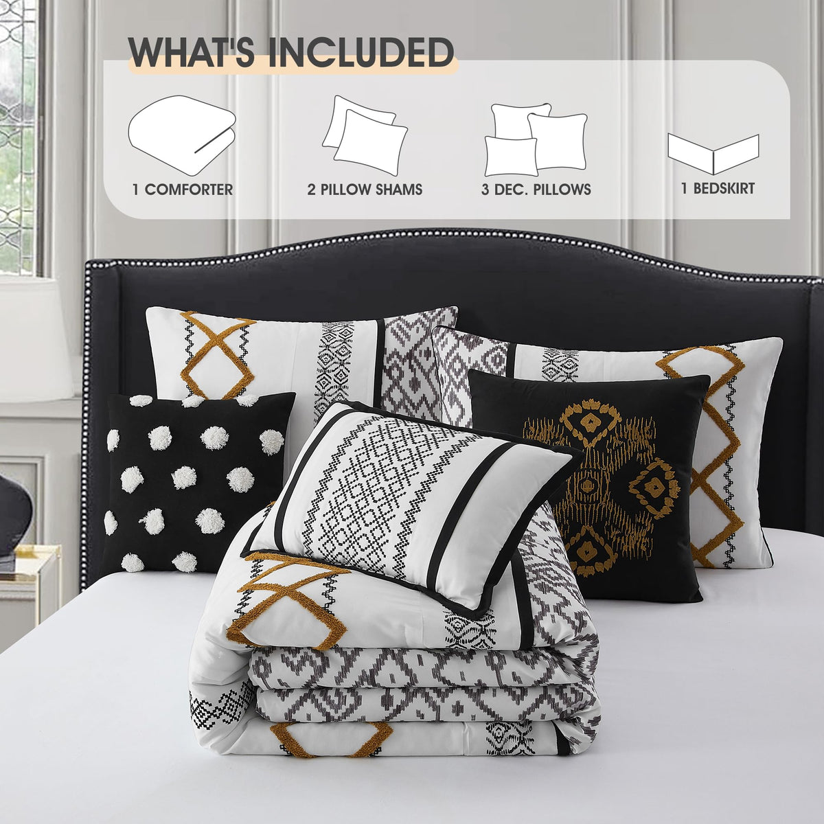 Black Gold Comforter Set, 7 Pieces All Season Bedding Sets in a Bag with Geometric Terry Embroidered Comforter