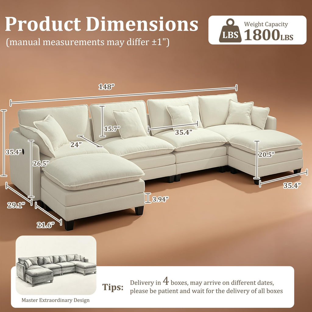 147" Modular Sectional Sofa with USB Charging Port, Water-Repellent Stain-Resistant Fabric, Deep Seat 6-Seat U Shaped