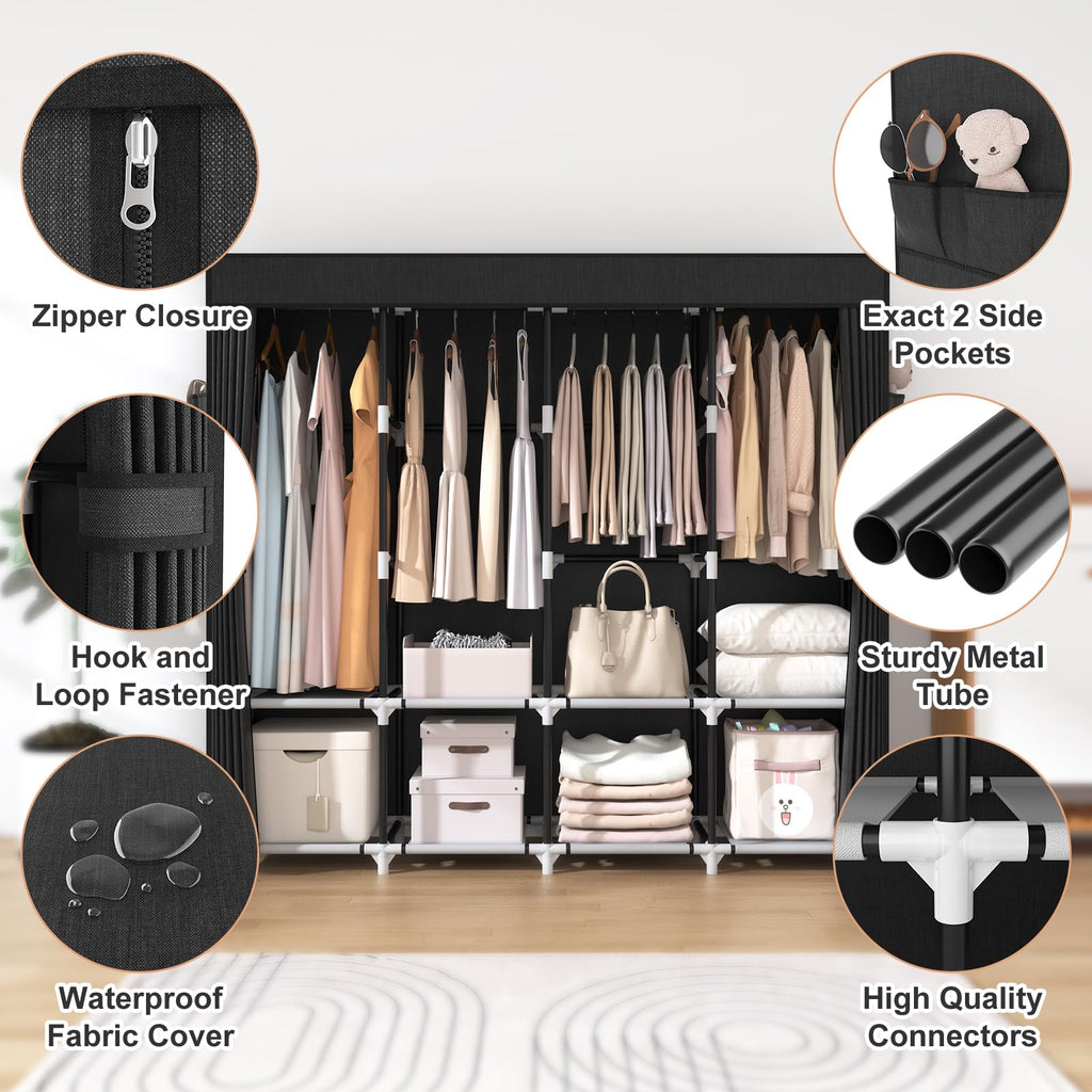 Portable Closet for Hanging Clothes 67 Inch Wide Large Capacity Portable Wardrobe Closet with Cover, 4 Storage