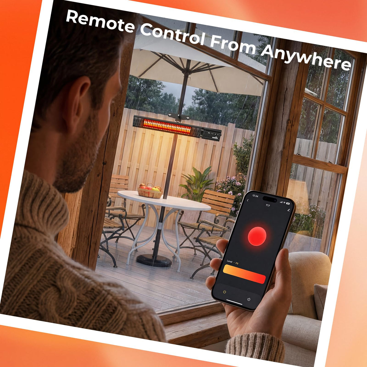 Electric Outdoor Heater Umbrella Wifi Control Wall-Mounted Hanging Patio 1500W Infrared 9 Heat Levels, 24H Timers