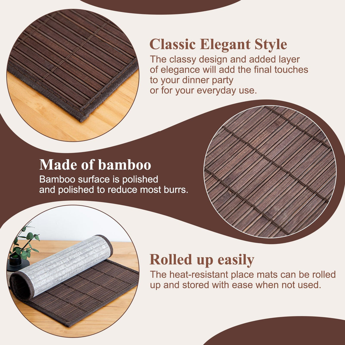 Bamboo Placemats Set of 4 with Fabric Border, Table Mats, Coffee