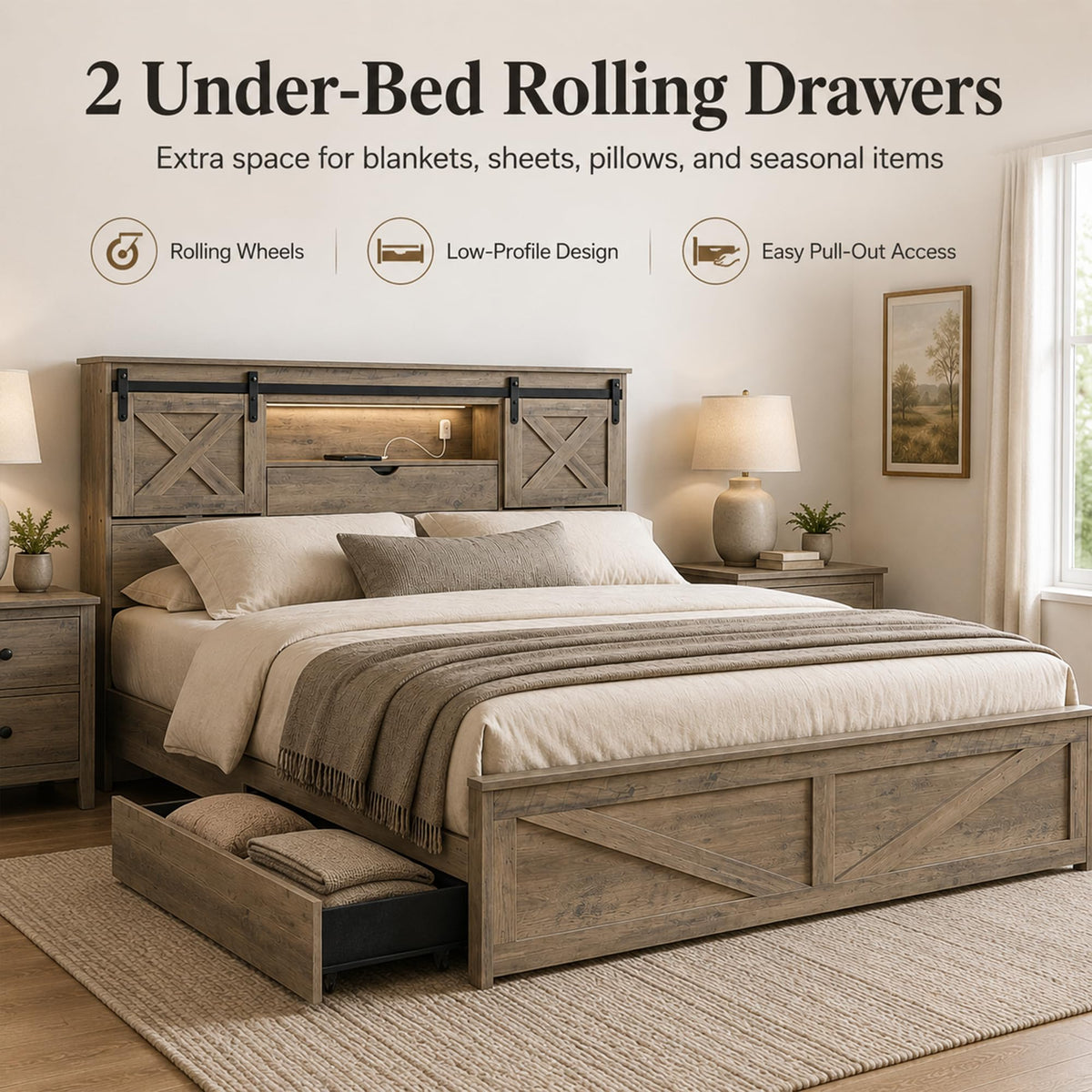 Farmhouse Bed Frame with Barn Door Headboard and Drawers, Grey
