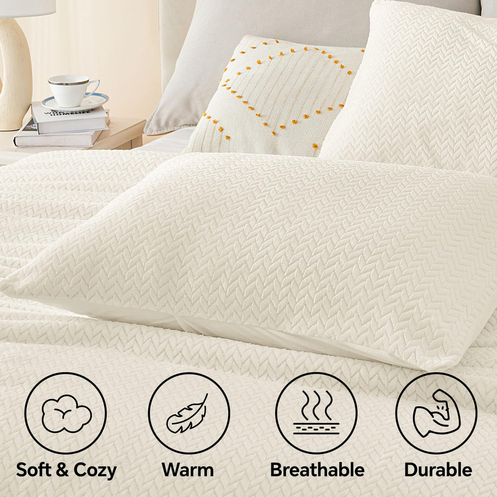 Fleece Comforter Set Beige, Fluffy Flannel Bed Set 3 Pieces