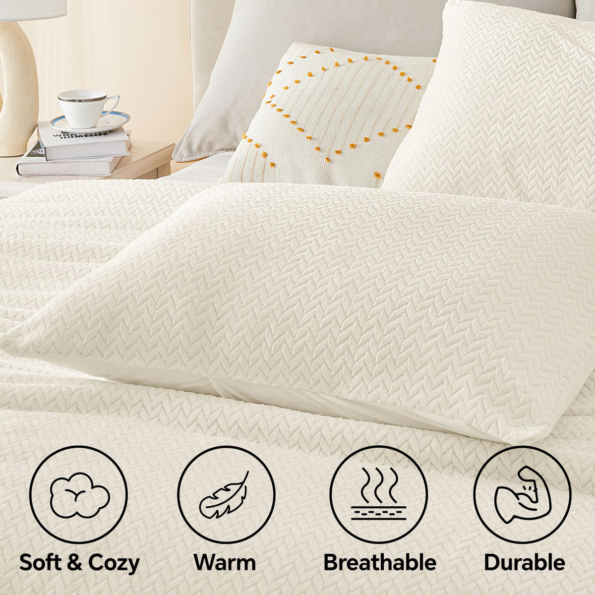 Fleece Comforter Set Beige, Fluffy Flannel Bed Set 3 Pieces