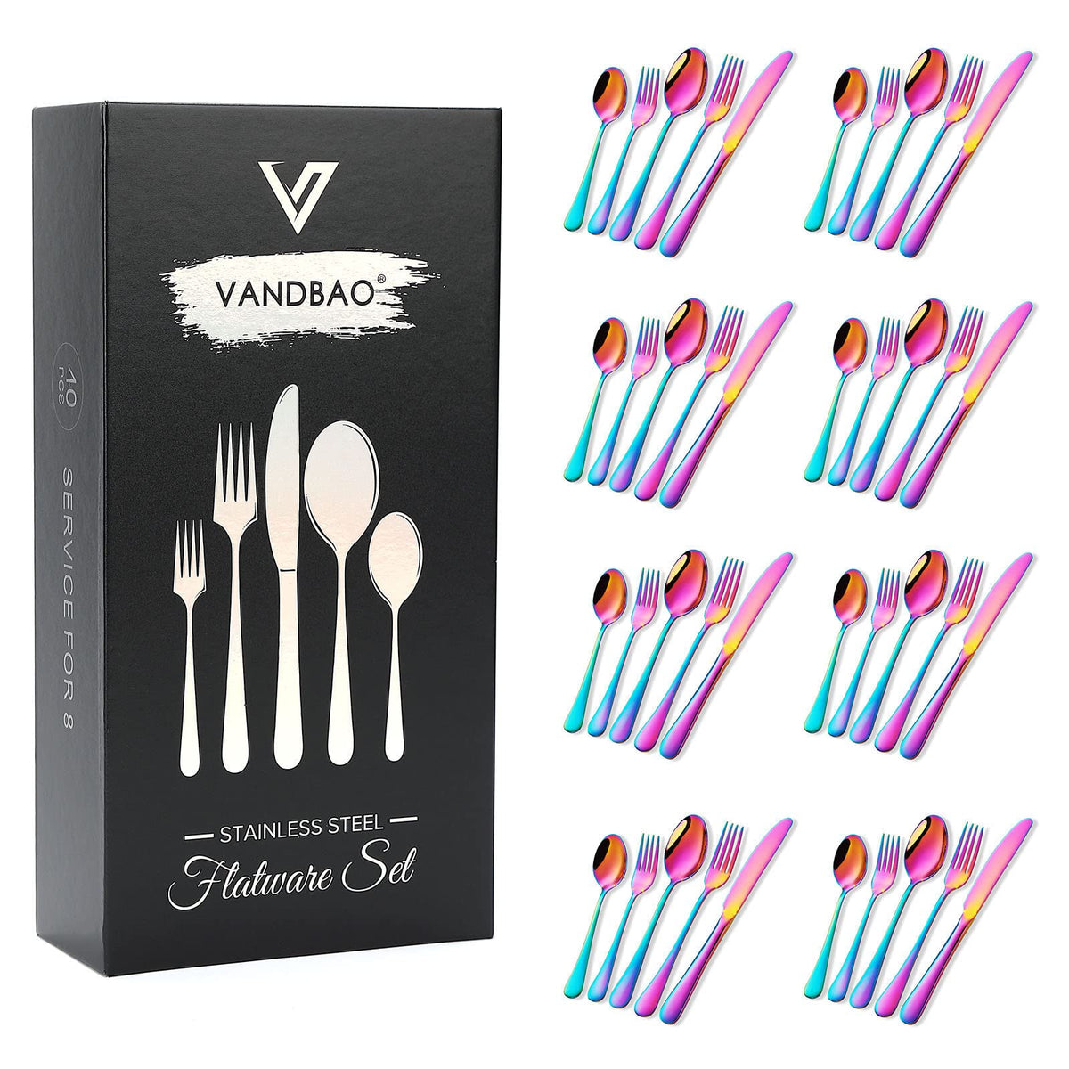 Rainbow Silverware Set Flatware Cutlery - 40 Pieces Stainless Steel Colorful Utensils, Tableware Set Service for 8