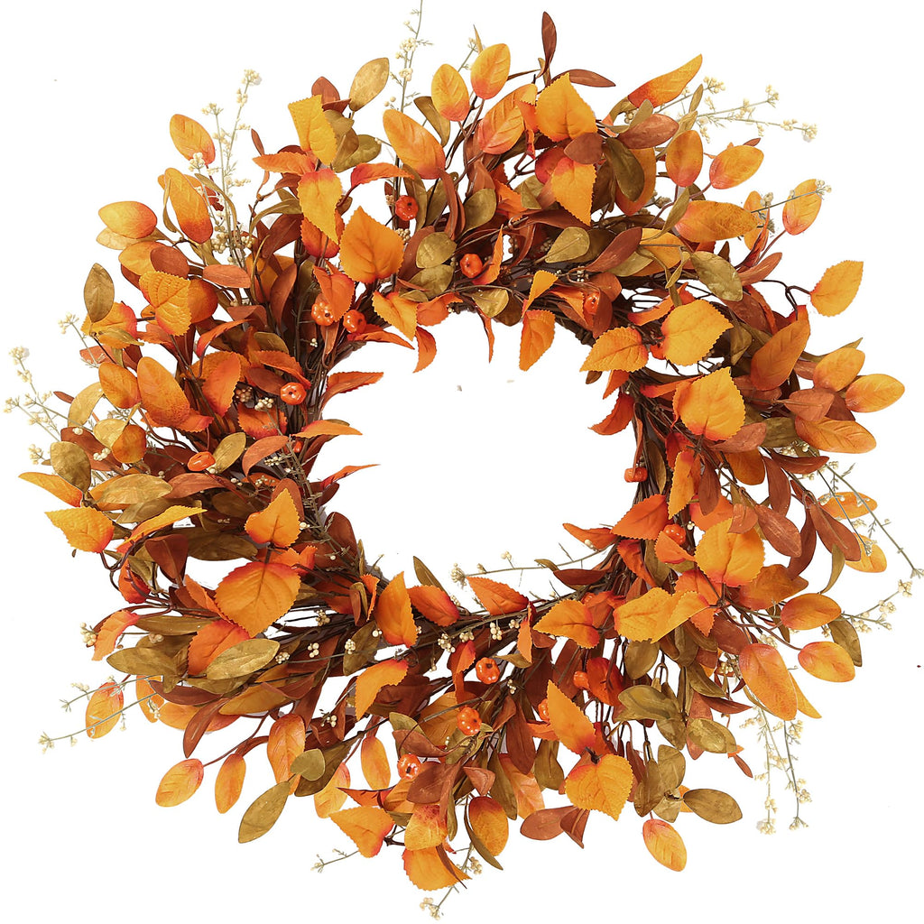 Artificial Fall Wreath 21'' Autumn Front Door Wreath with Fall Leaves Small Pumpkins Cluster of Berries for Outside