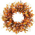 Artificial Fall Wreath 21'' Autumn Front Door Wreath with Fall Leaves Small Pumpkins Cluster of Berries for Outside