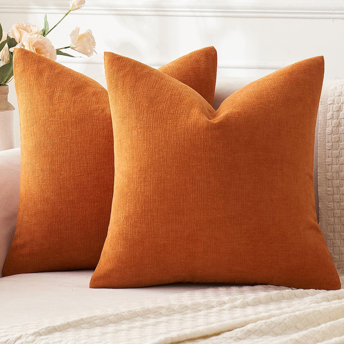 Fall Orange Chenille Couch Throw Pillow Covers, 20x20
