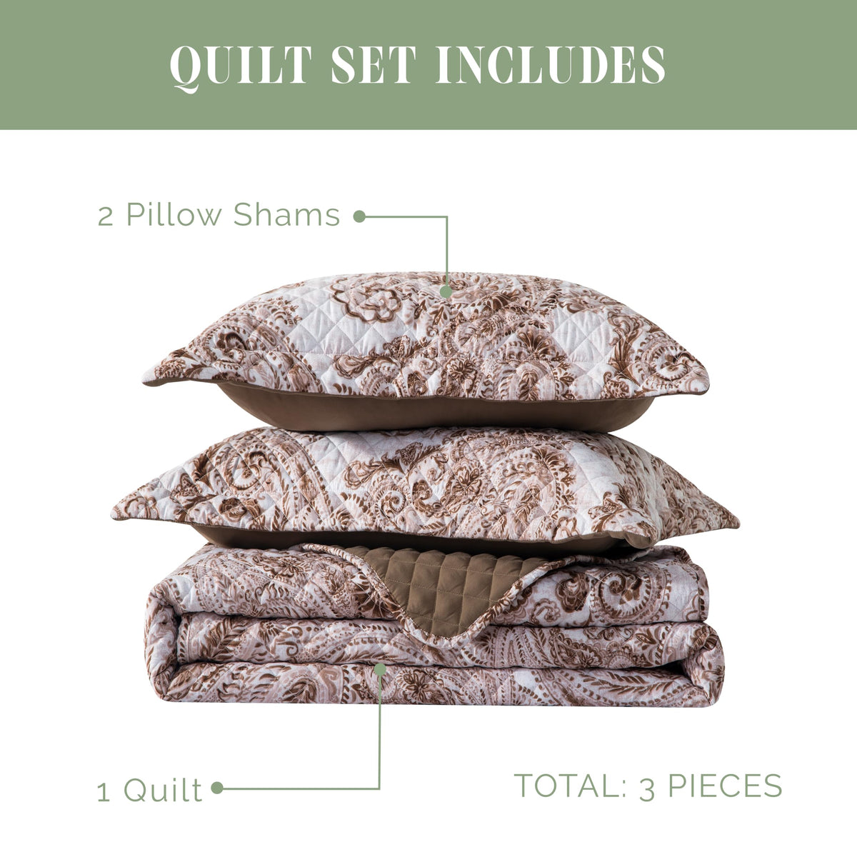 3-Piece Boho Paisley Floral Patchwork Reversible Quilt - Soft Premium Bedspread with Matching Pillow Shams, Premium