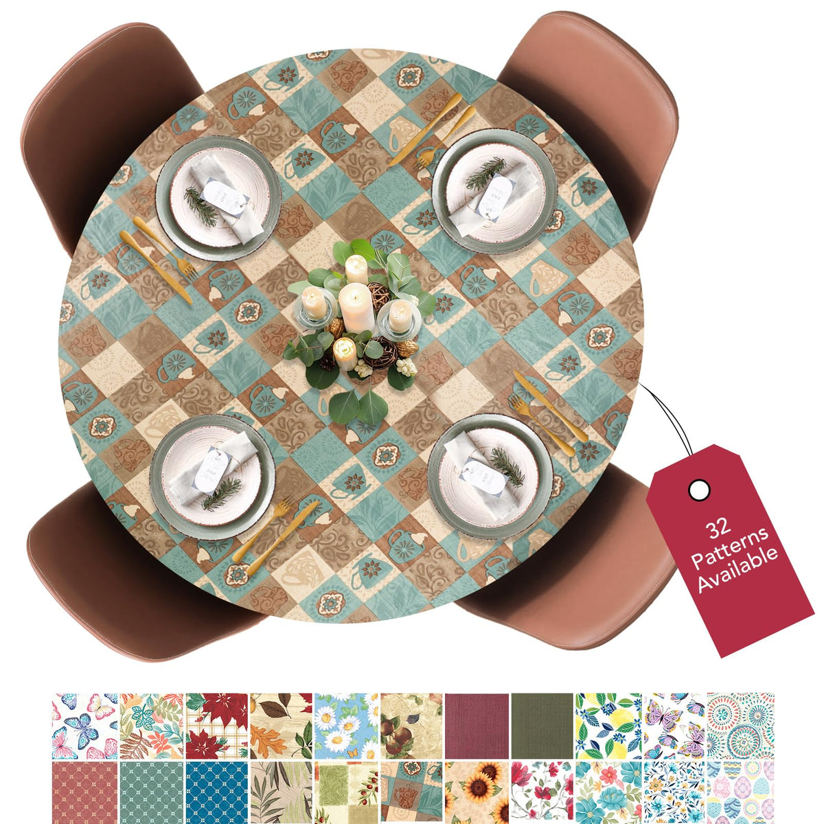 Round Tablecloth, Flannel Backed, Global Coffee Pattern