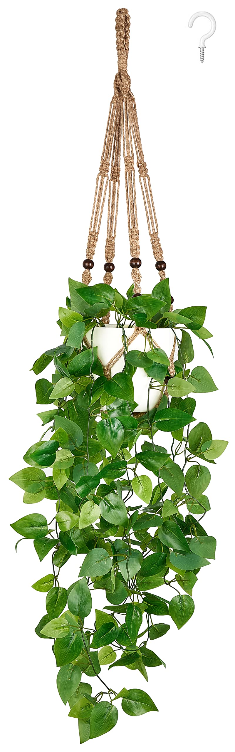 Fake Hanging Plant, Macrame Hanger with Pothos Vines & Pot, Brown