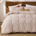 Striped Duvet Cover Set 3 Pieces 100% Cotton Duvet Cover Set with Beige and Terracotta Vertical Stripe