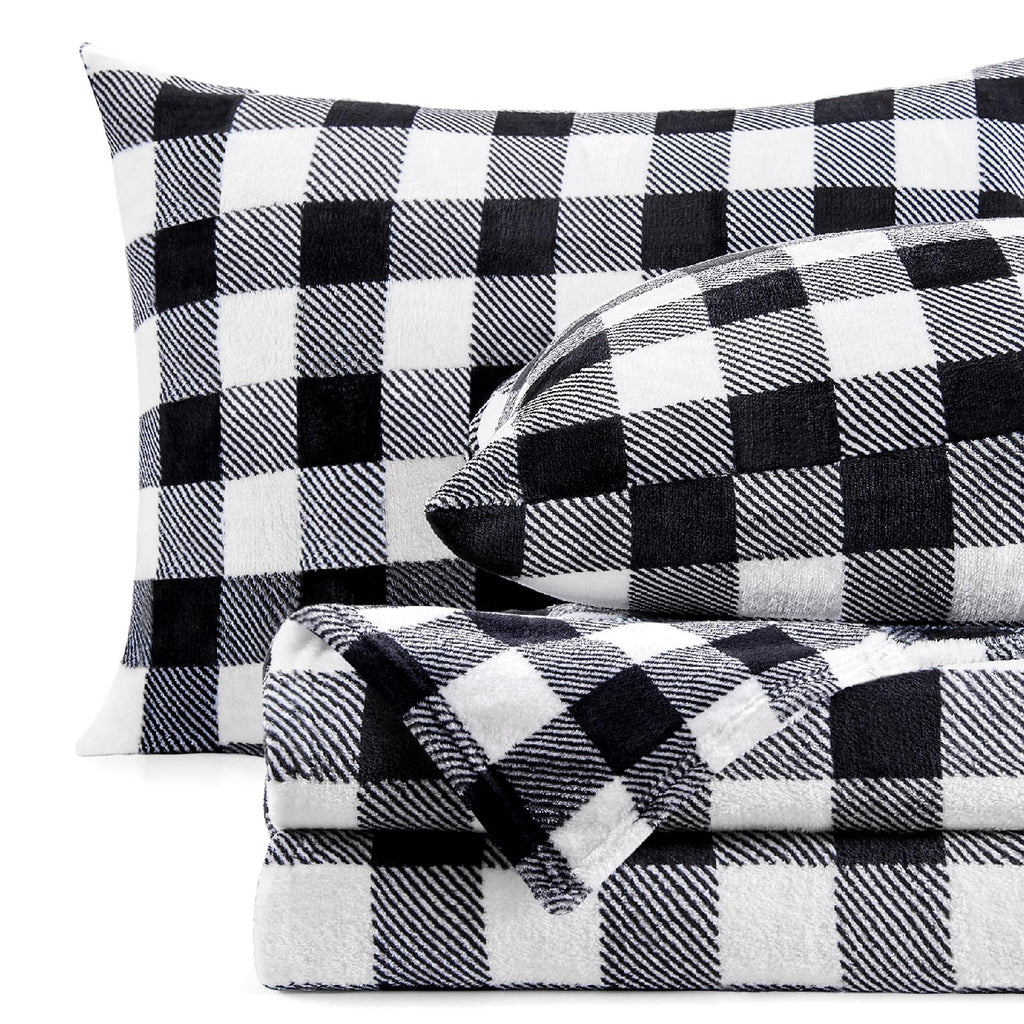 Plaid Flannel Sheet Set, Black and White, 3 Pieces