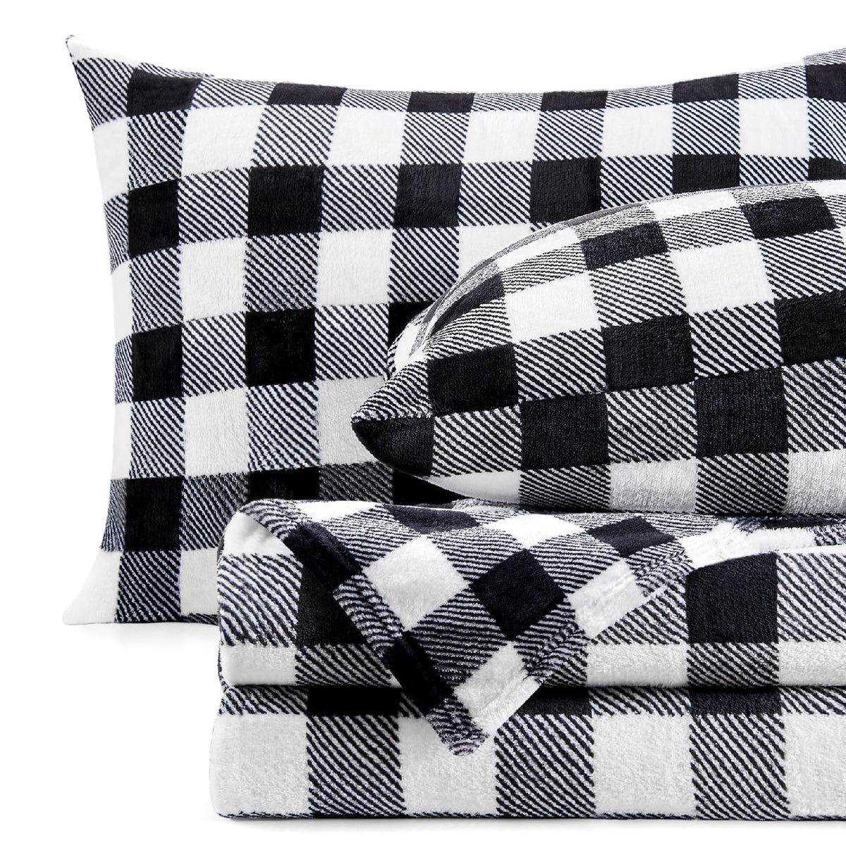 Plaid Flannel Sheet Set, Black and White, 3 Pieces