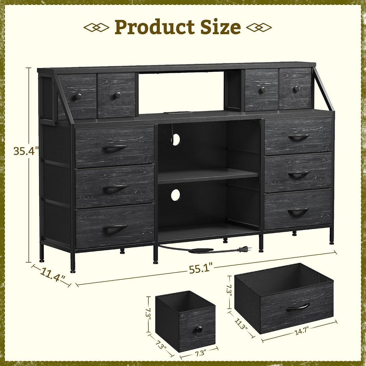 Black 55" Dresser with Charging Station & LED Lights Chest of Drawers with Detachable Mesh Door Bedroom Living Room